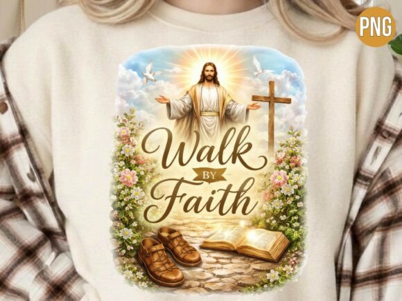 Walk by Faith Jesus Radiant Path PNG: T-Shirt Designs